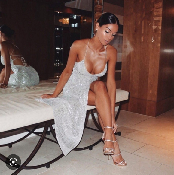 Meshki Silver sequin strappy back gown with champagne undertone lace-up back. - Picture 5 of 7